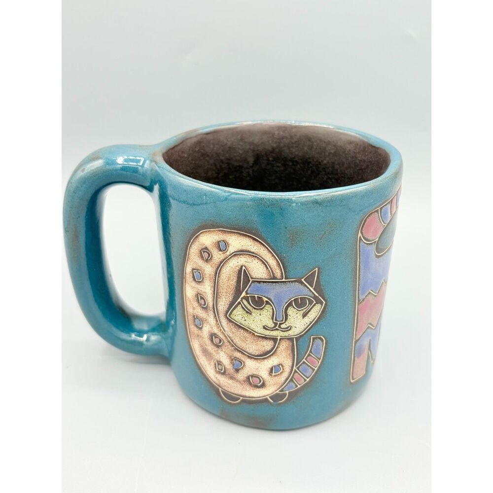 Mara Mexico Art Pottery Cat Mug Turquoise Blue Handmade Stoneware Signed